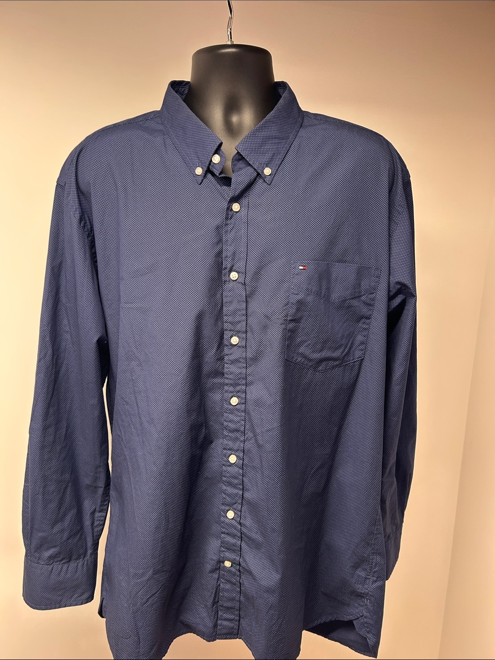 Tommy Hilfiger Mens XXL Blue Polka Dot Button Down Shirt 80s 2 Ply Custom Fit